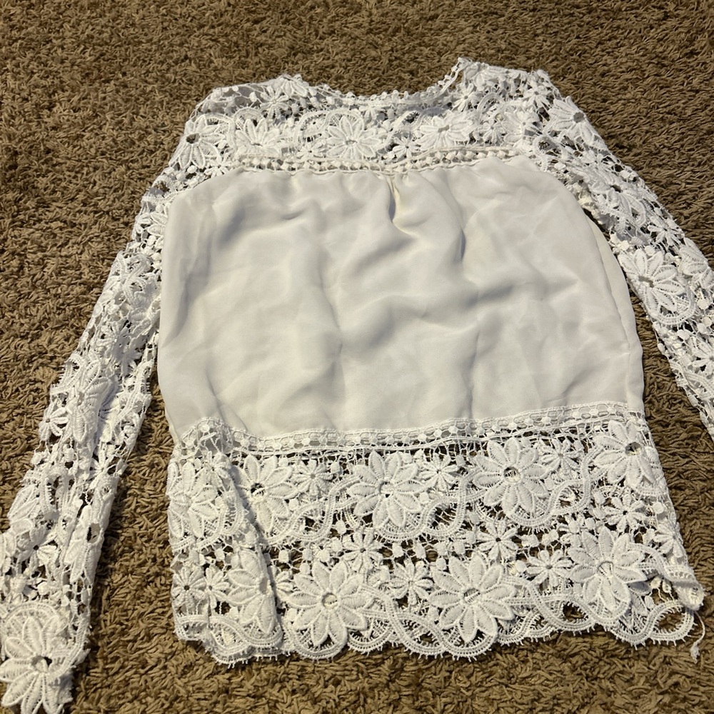 White Lace Long Sleeve Blouse with Bib Collar